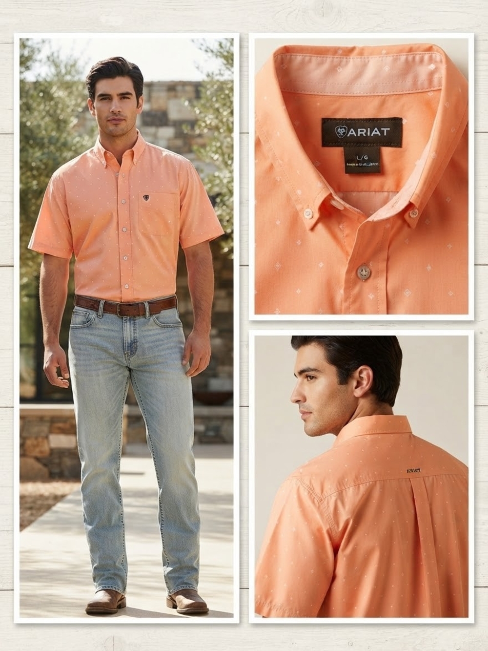 Ariat Men’s Short-Sleeve Button-Down Shirt in Peach